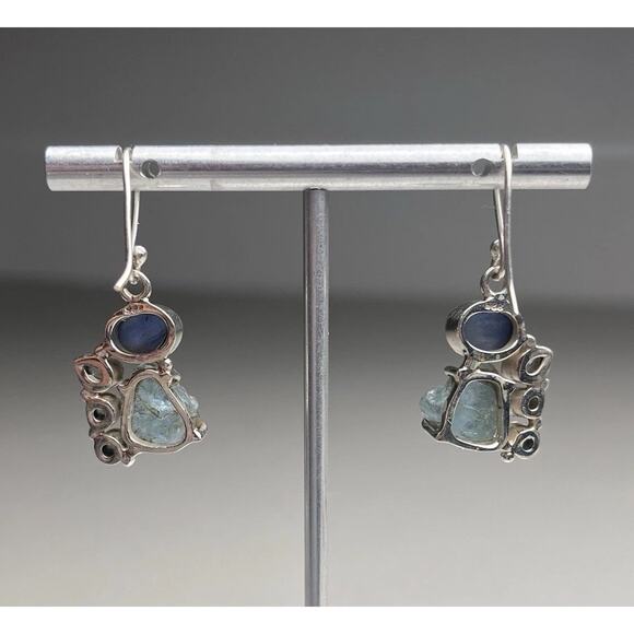Sterling Silver 925 Earrings Rough Aquamarine Blue Topaz & Kyanite Hook Dangle - Picture 3 of 16